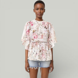 Zimmerman Top Women Size 1 Medium Eden White Floral Print Cut Out Lace Blouse